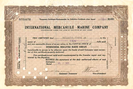 International Mercantile Marine Co., temporary certificate, 1929